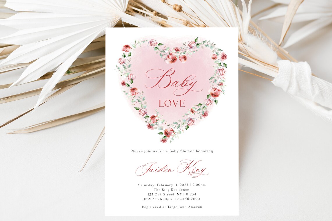Baby Love Floral Heart Baby Shower Invitation Jaiden King Print