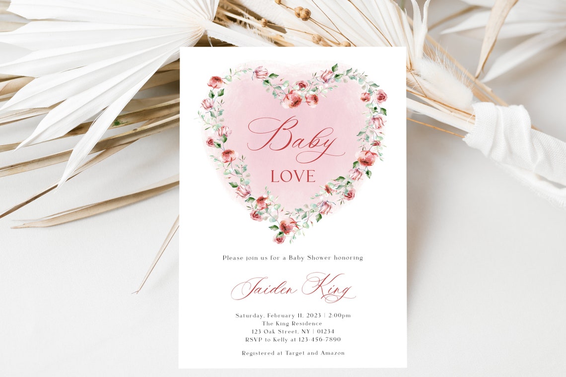 Floral Valentine Baby Shower Invitation February Baby Shower Invite Baby Love Invitation Diy Baby Girl Invitation Heart Wreath Invite