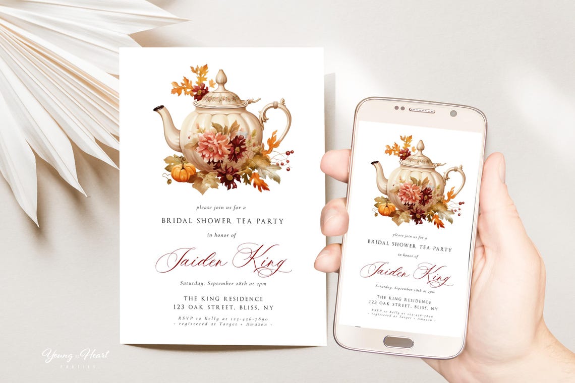 Autumn Teapot Bridal Shower Tea Party Invitation Fall Floral Print - Image 5