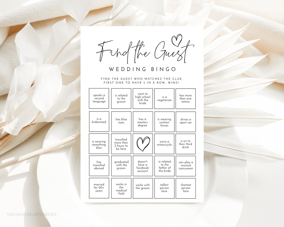 Find The Guest Wedding Bingo Game Card Minimalist Shower Print