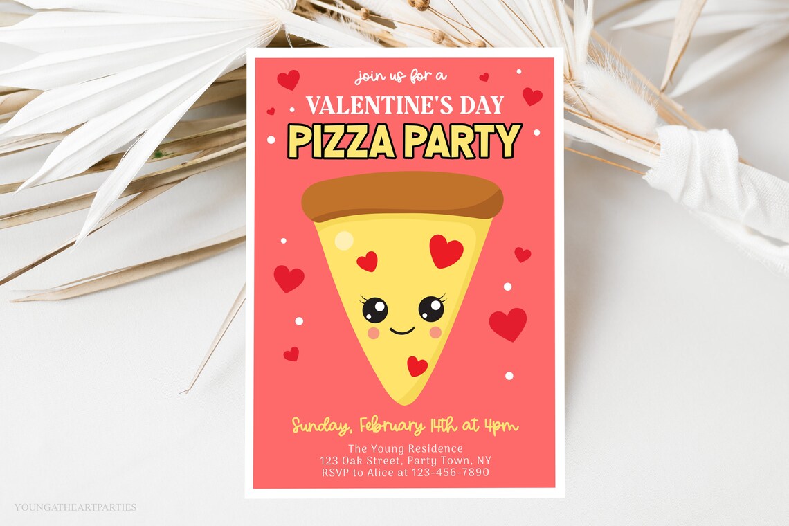 Valentines Day Pizza Party Invitation Cute Kawaii Kids Party Print