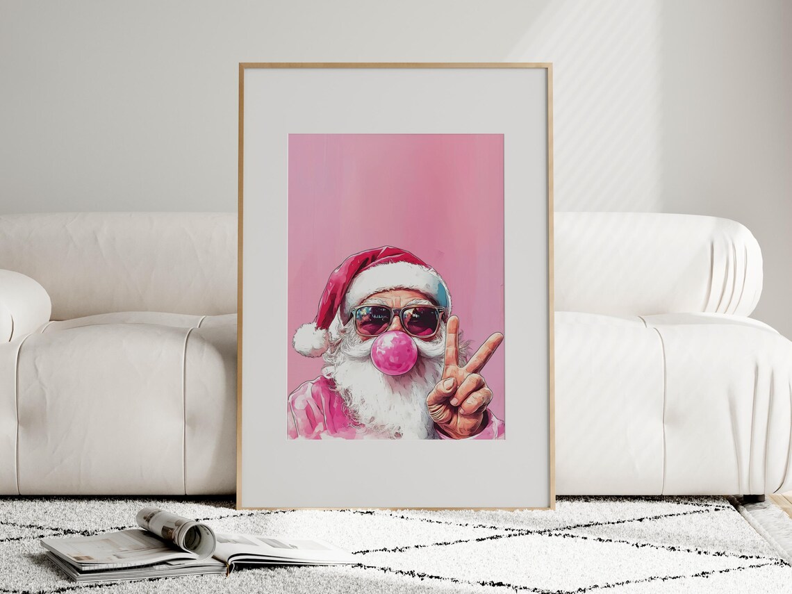 Pink Bubble Gum Santa Art Print Trendy Pink Christmas Wall Art Pink Christmas Girly Santa Claus Print Pink Preppy Christmas Art - Image 3