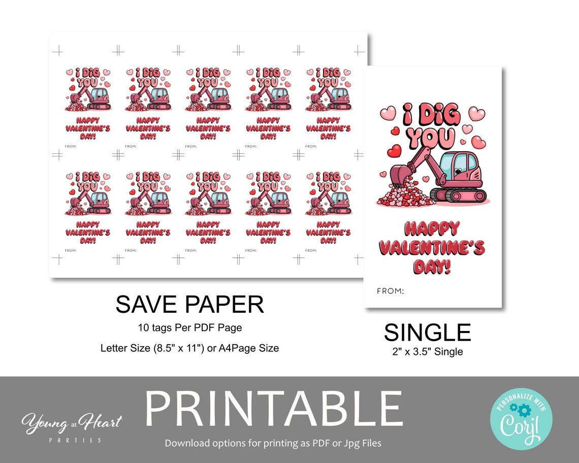 Kids Valentine Excavator I Dig You Classroom Favor Tag Print - Image 3