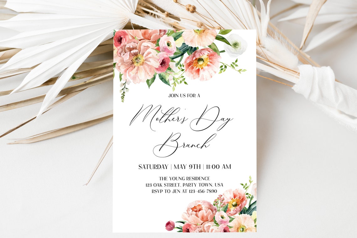 Peony Mothers Day Brunch Invitation Template Pink Floral Party Print