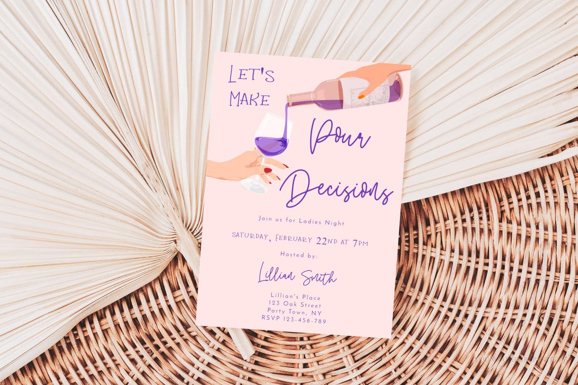 Ladies Night Wine Pour Decisions Invitation Pink Girls Party Print - Image 5