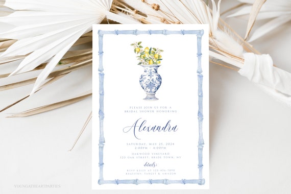 Grandmillennial Blue Bamboo Invitation Template French Toile Chinoiserie Bridal Shower Editable Bridal Ginger Jar With Lemons Invite