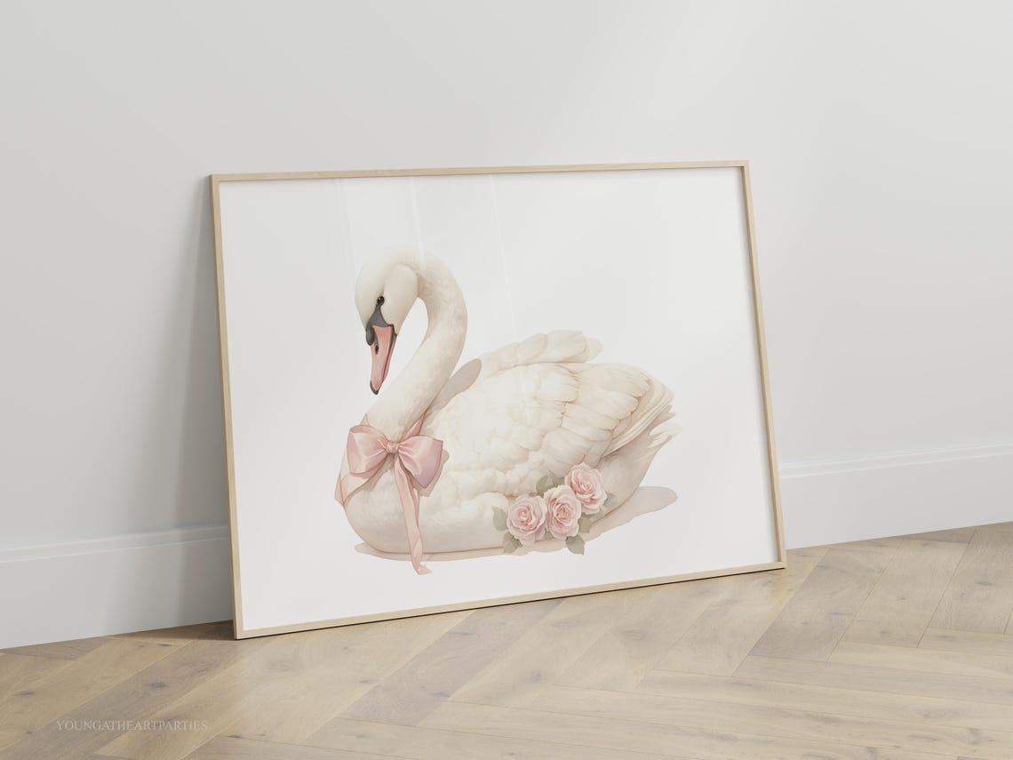 White Swan with Pink Bow and Roses Watercolor Nursery Wall Art