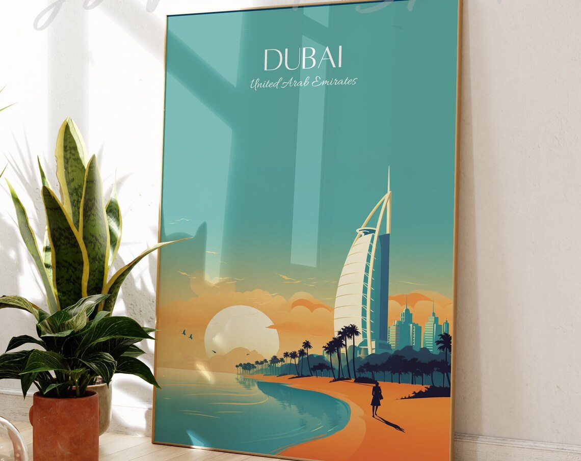Dubai United Arab Emirates Beach Sunset Vintage Travel Poster