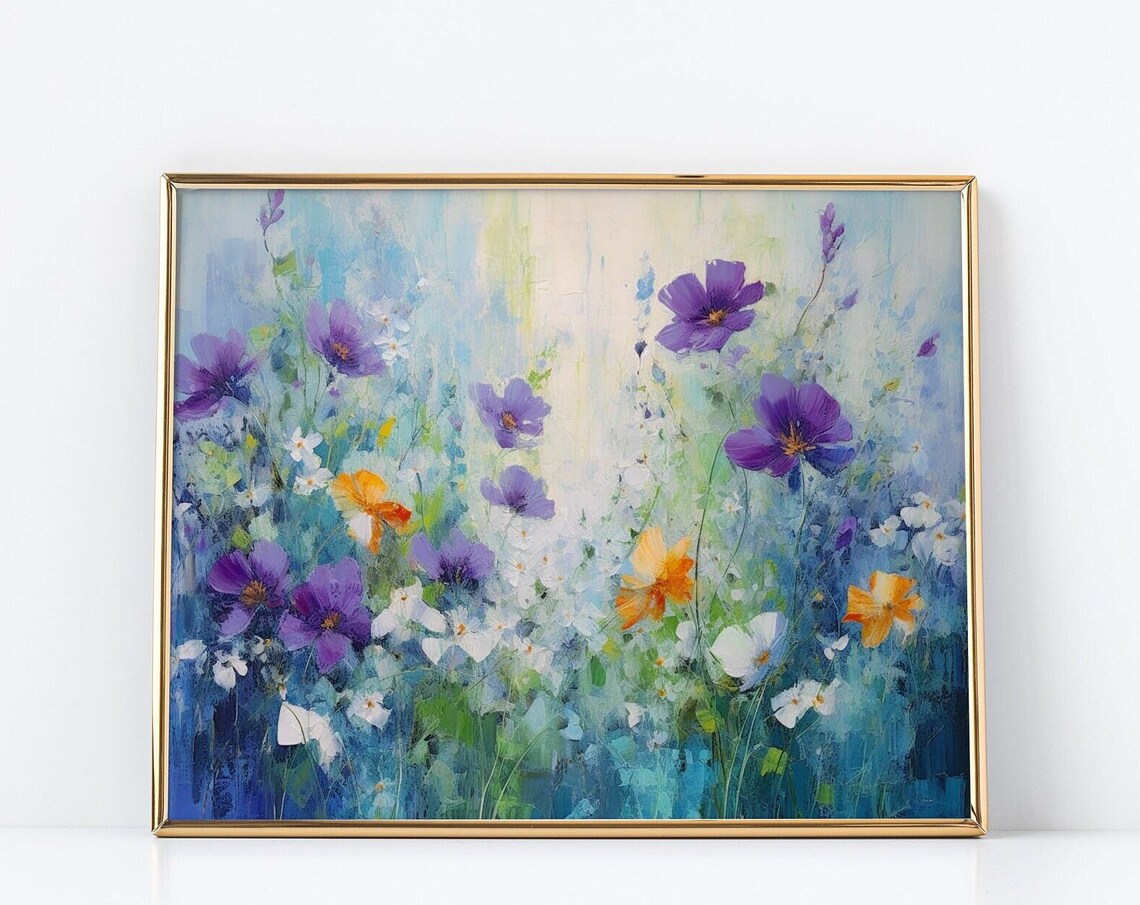 Soft Purple Wildflowers In Misty Blue Meadow Floral Art Poster