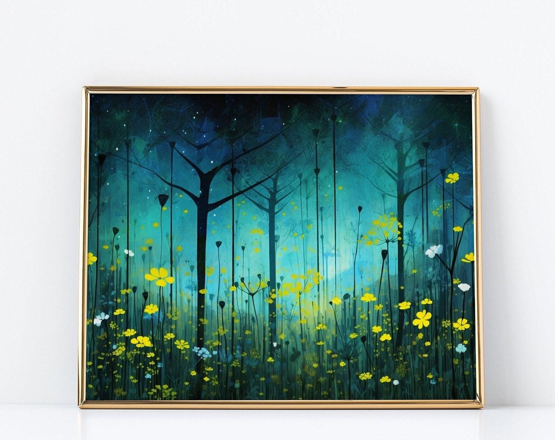 Enchanted Night Forest Yellow Wildflowers Starry Teal Poster