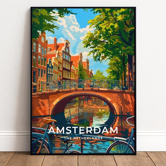 Amsterdam Netherlands Canal Bridge with Bicycles Travel Poster