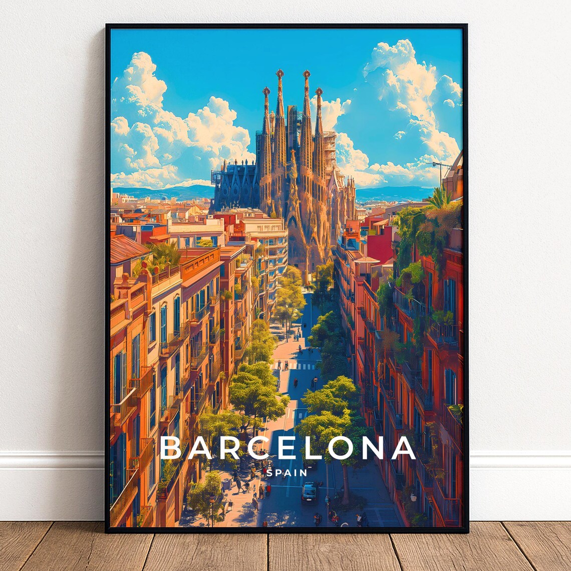 Barcelona Sagrada Familia Spain Cityscape Vintage Travel Poster
