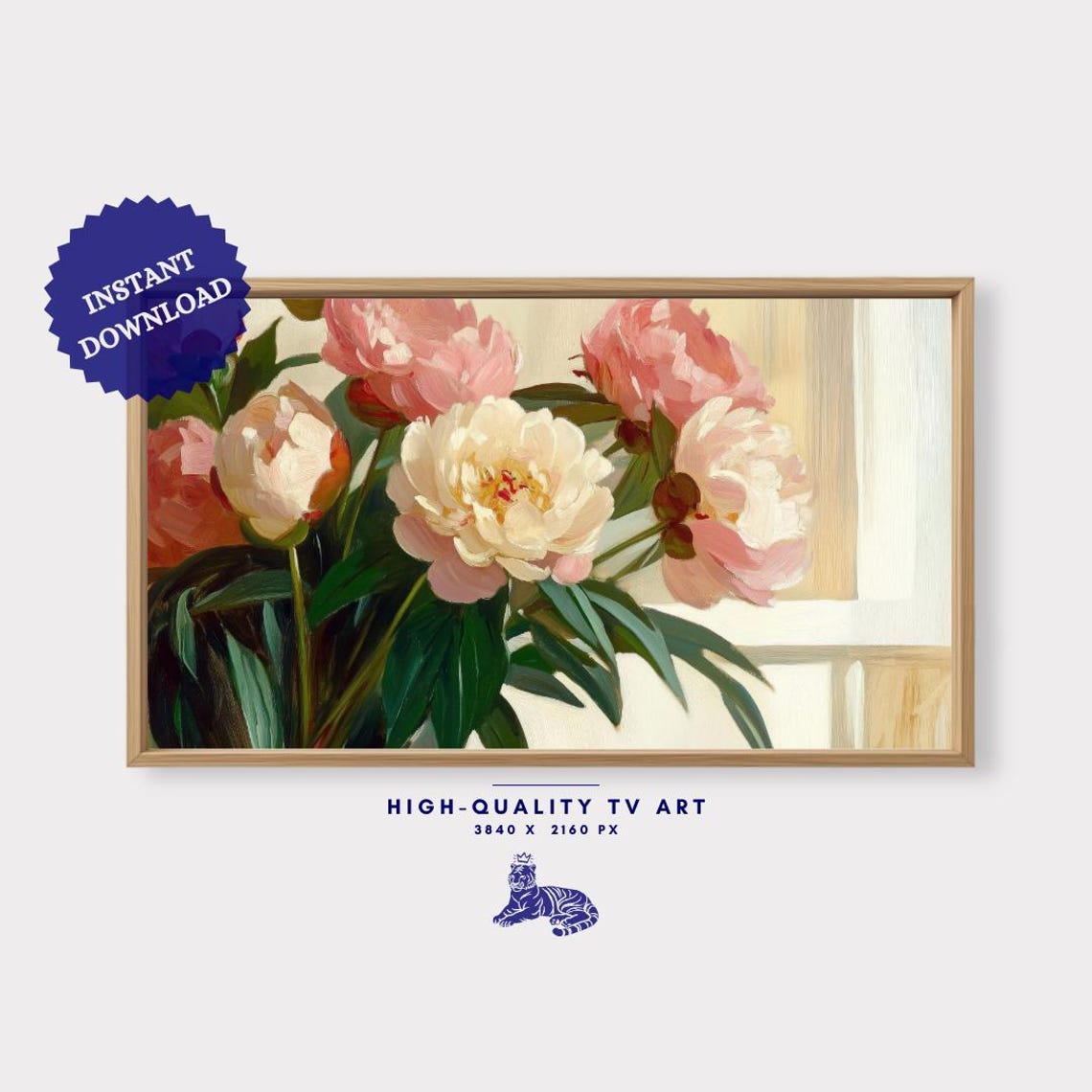 Soft Pink Peony Bouquet Oil Painting Romantic Window Light Floral Art - Image 3