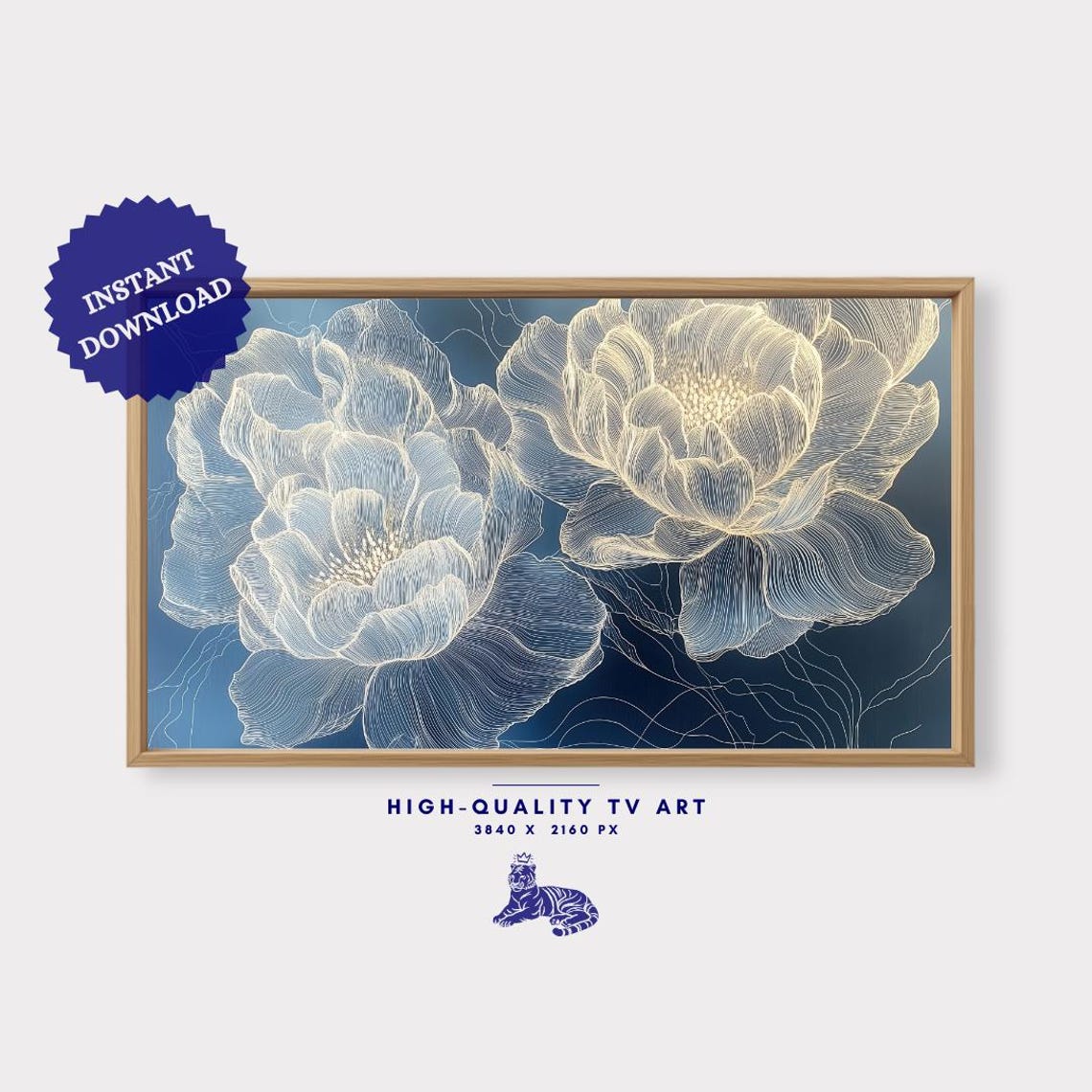 White Line Art Peony Flowers Glowing On Navy Blue Dark Floral Poster - Image 3