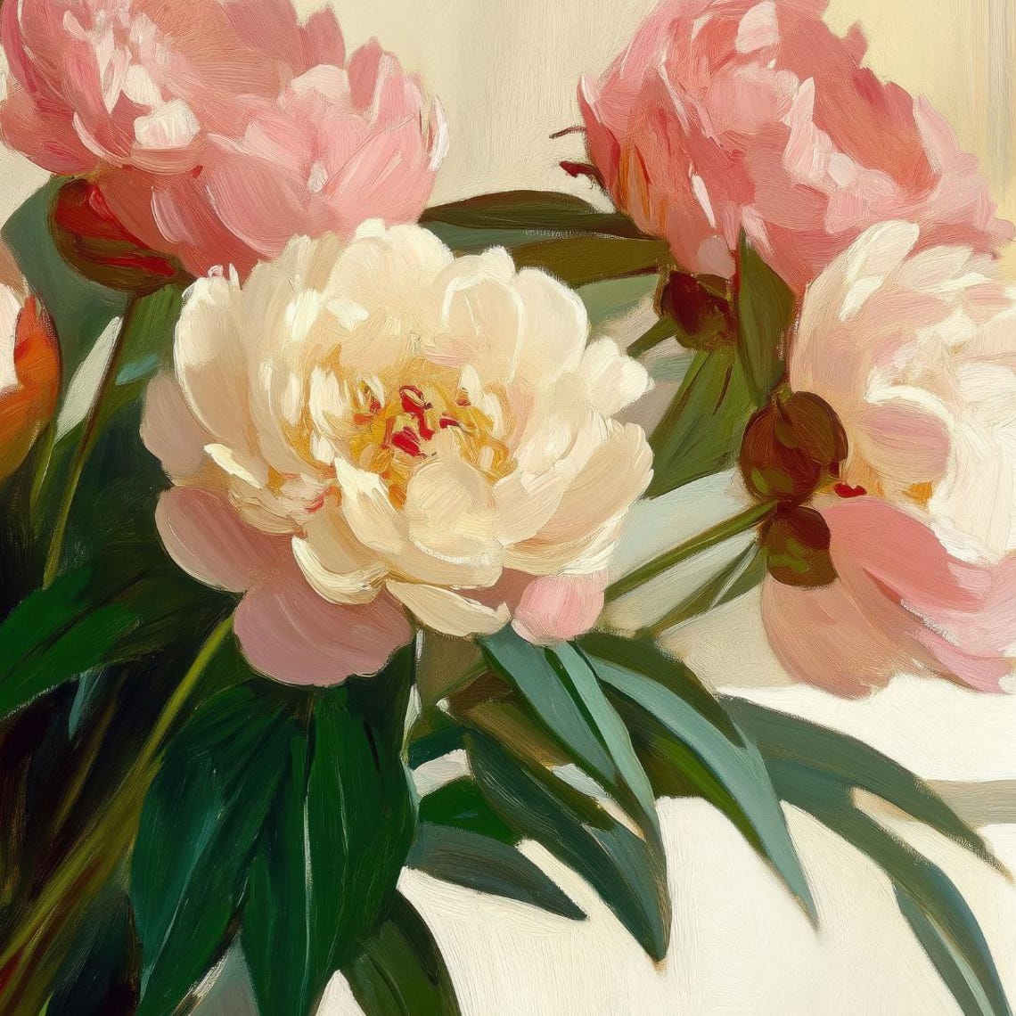 Soft Pink Peony Bouquet Oil Painting Romantic Window Light Floral Art - Image 4