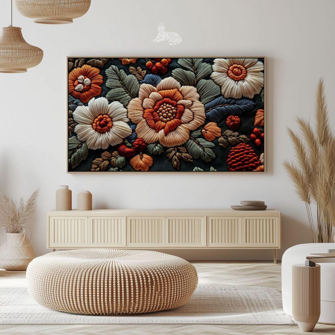 Faux Embroidery Floral Pattern Stitched Blooms Dark Botanical Wall Art - Image 2
