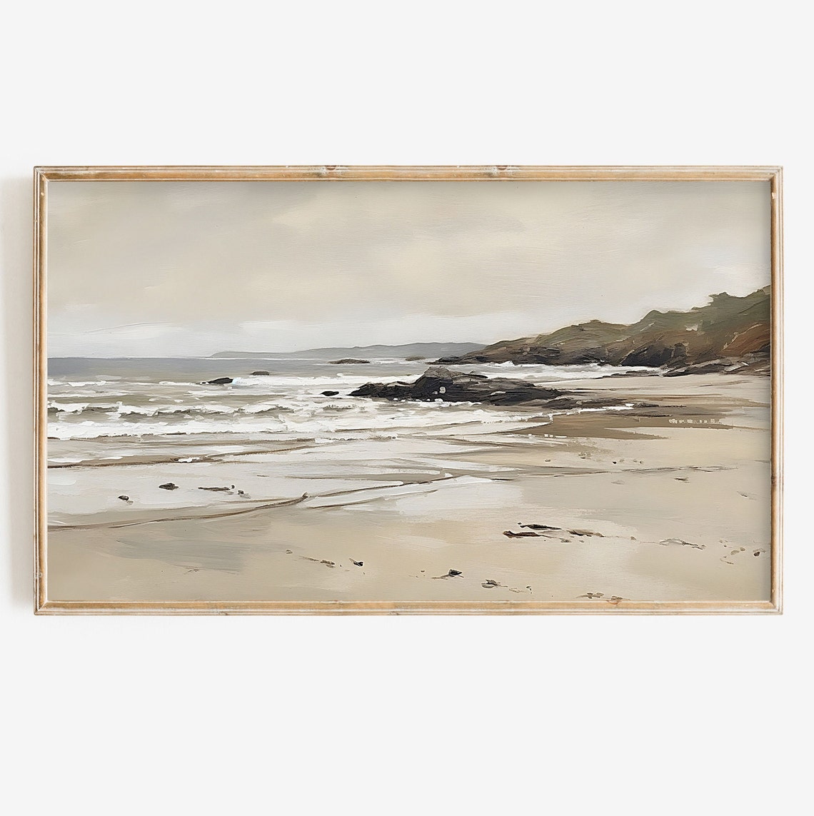 Neutral Toned Beach Seascape Rocky Shoreline Calm Ocean Wave Poster