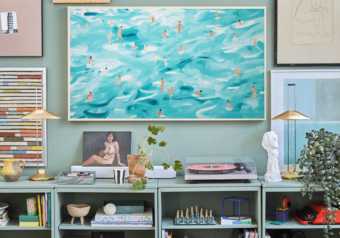 Abstract Turquoise Ocean With Tiny Swimmers Modern Pop Art Beach Poster - Image 4
