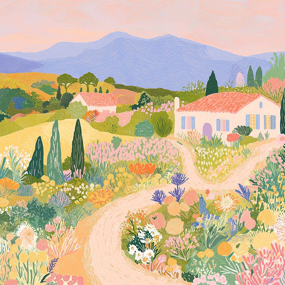 Countryside Cottage Wildflower Fields Blush Pink Hills Landscape Poster - Image 4