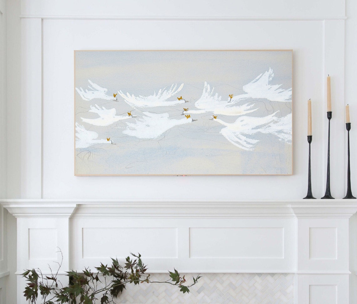 Abstract White Swans In Flight Minimalist Gray Bird Flock Wall Art - Image 4