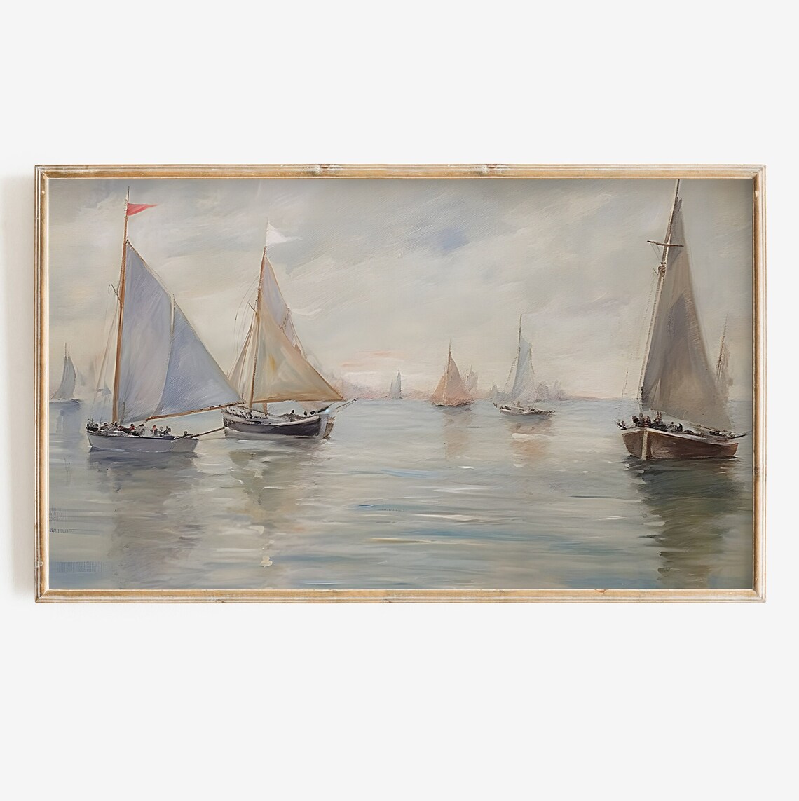 Vintage Sailboat Lake Art Print, Soft Neutral Tones