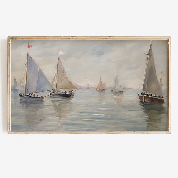 Vintage Sailboat Lake Art Print, Soft Neutral Tones