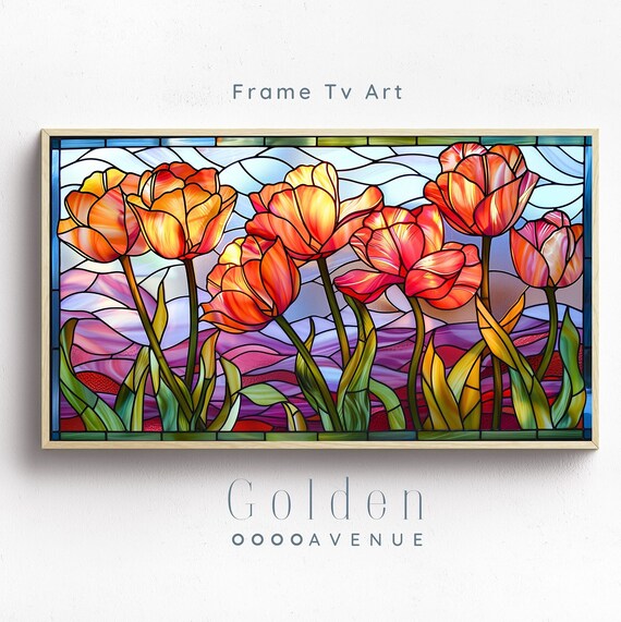 Colorful Tulip Stained Glass Orange Red Spring Floral Mosaic Art Poster