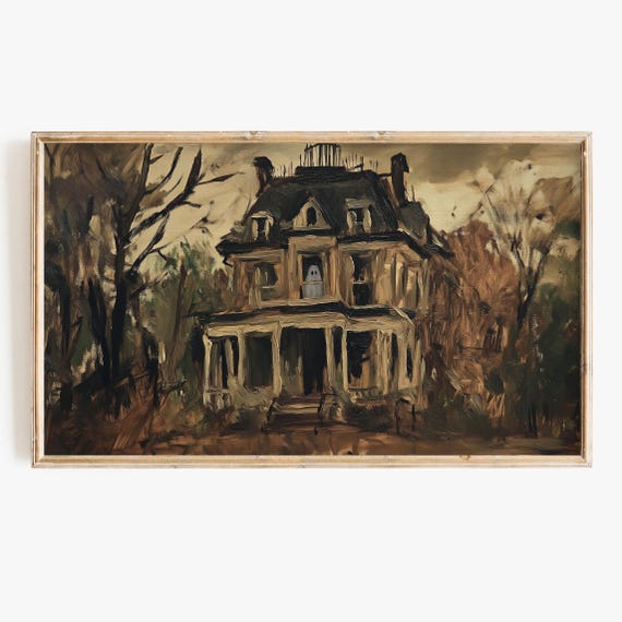 Haunted House Halloween Art Print, Classic Spooky Style