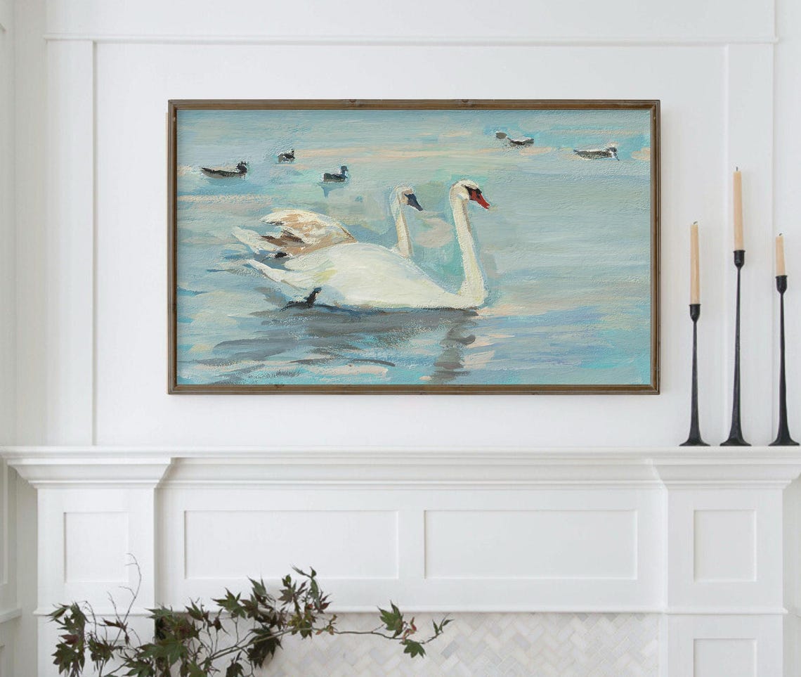 Two White Swans On Blue Water Ducks Serene Lake Painting Poster - Image 3