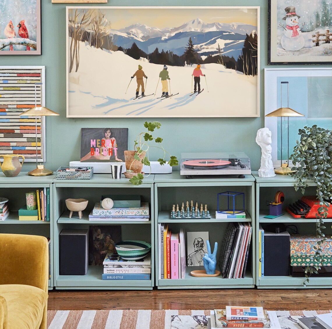 Winter Ski Painting, Colorful Christmas Wall Art Print - Image 2