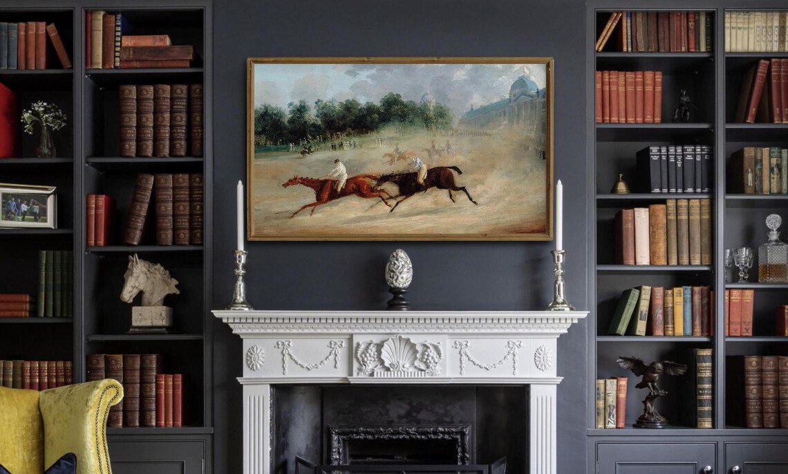 Vintage Horse Racing Oil Painting Jockeys Galloping Antique Sport Poster - Image 3
