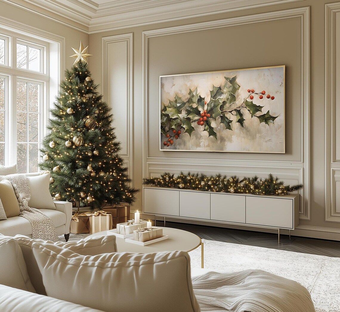 Vintage Holly Branch Red Berries Botanical Christmas Painting Poster - Image 2