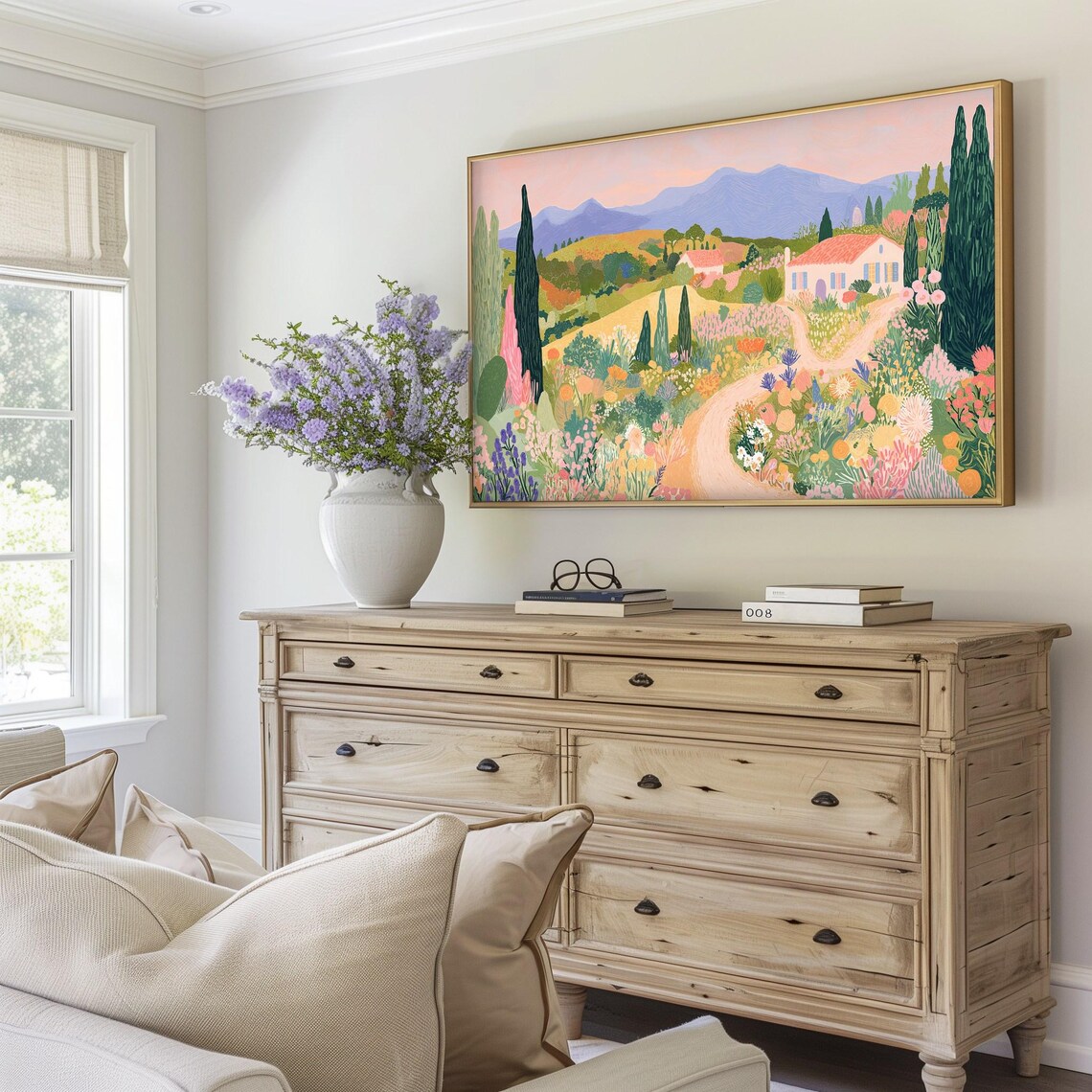 Countryside Cottage Wildflower Fields Blush Pink Hills Landscape Poster - Image 5
