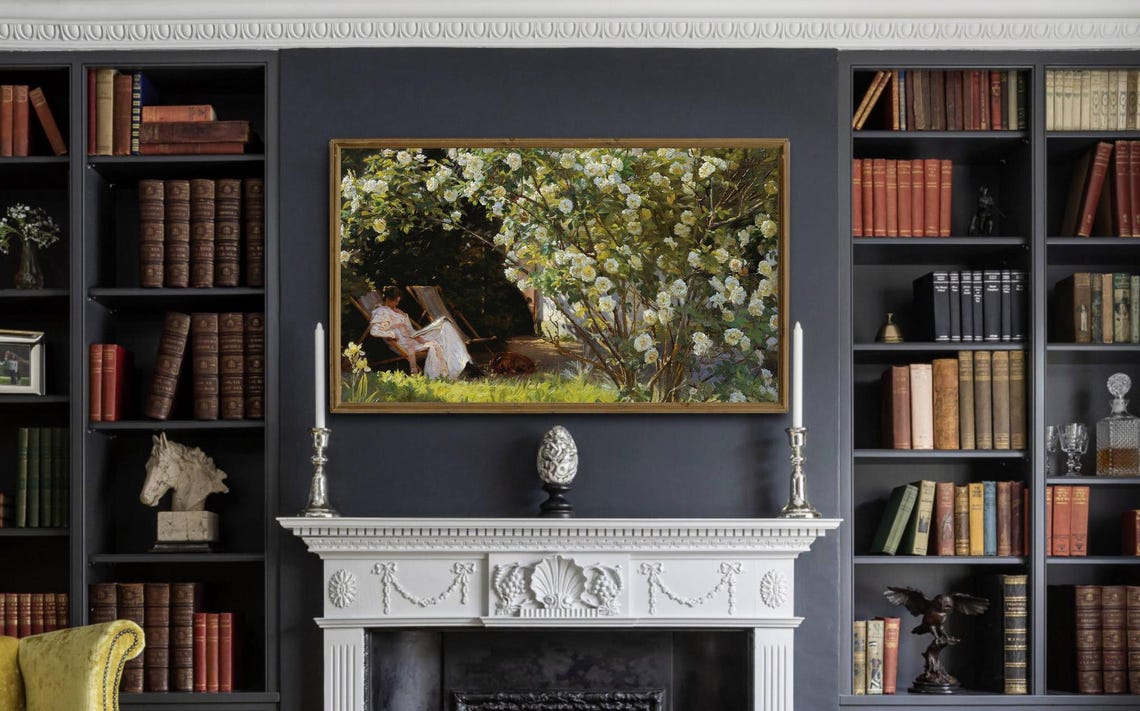 Woman Reading In White Rose Garden Vintage Impressionist Poster - Image 3