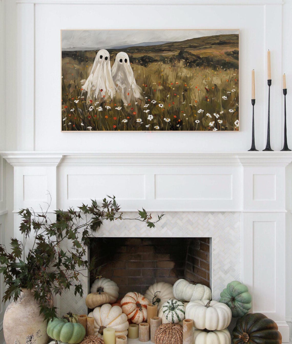 Two White Ghosts In Wildflower Meadow Vintage Halloween Scene Poster - Image 3