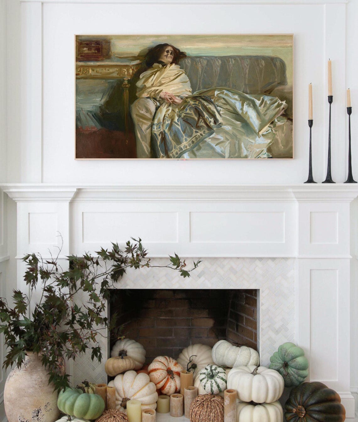 Reclining Woman Skull Face Vintage Oil Painting Dark Elegant Poster - Image 3