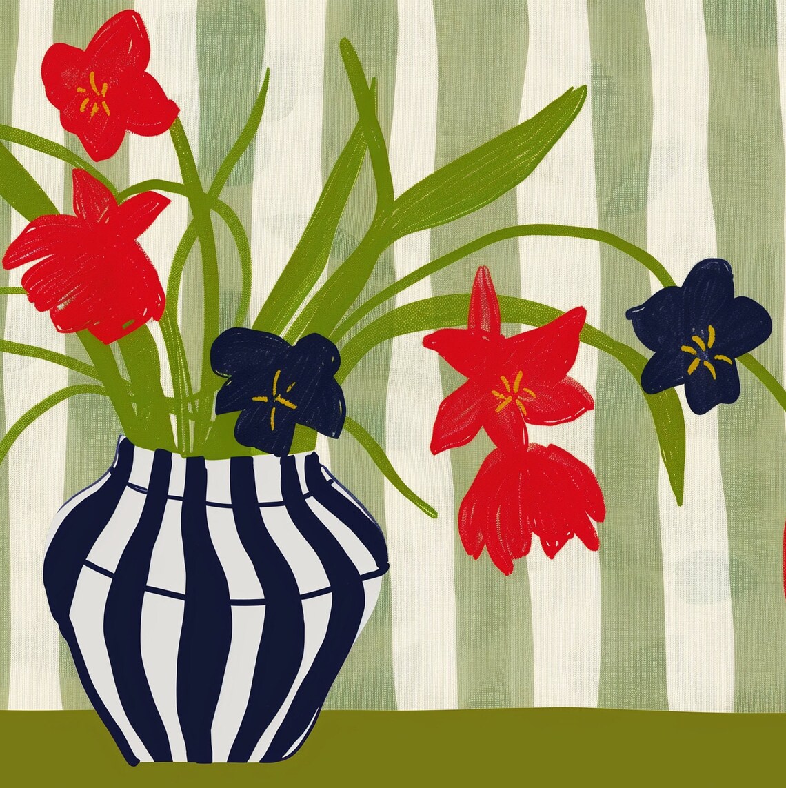 Colorful Stripe Floral Still Life Art Print - Image 3