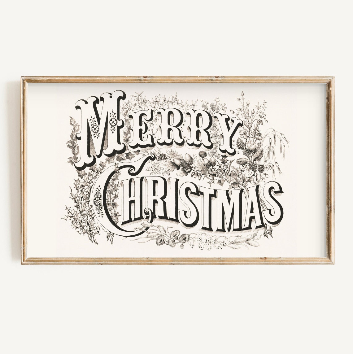 Merry Christmas Victorian Typography Holly Botanical Holiday Poster