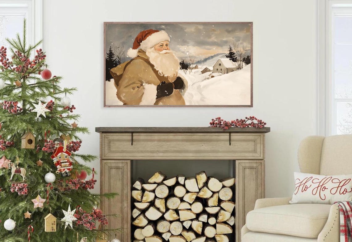 Vintage Saint Nick Santa Portrait Snowy Village Neutral Tones Poster - Image 3