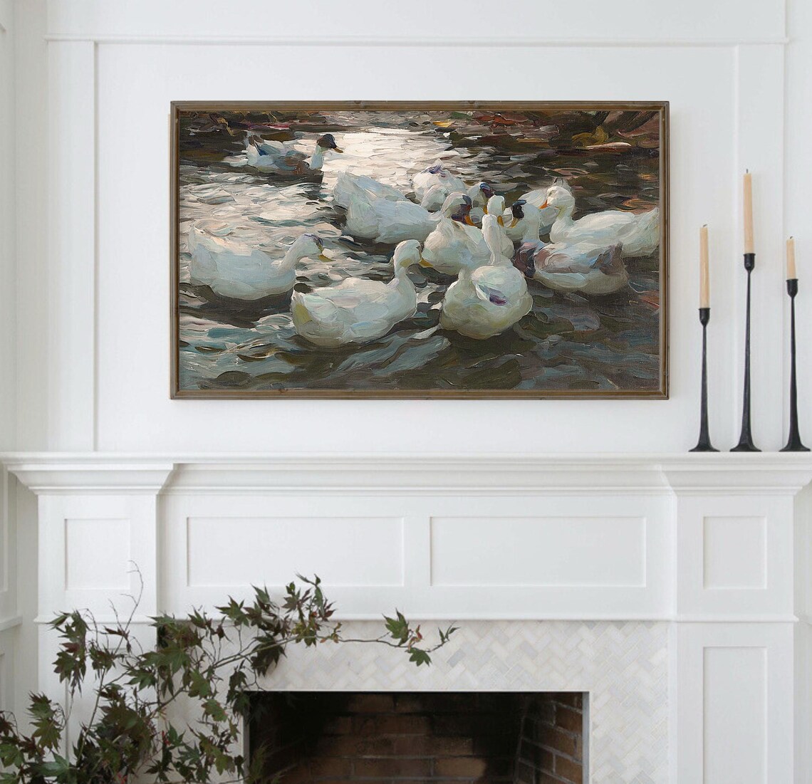 White Ducks On Shimmering Pond Vintage Oil Painting Moody Poster - Image 5