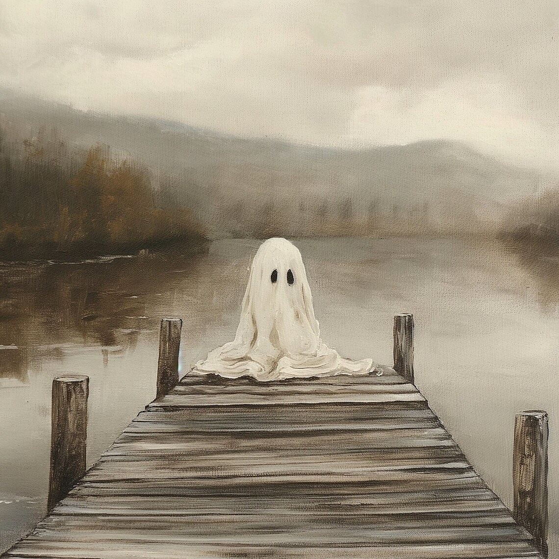 Halloween Ghost Art, Neutral Fall Lake Landscape - Image 2