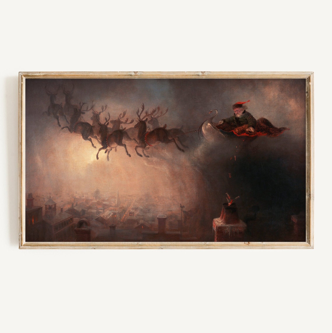 Santa's Sleigh Reindeer Flying Over Snowy Rooftops Night Poster