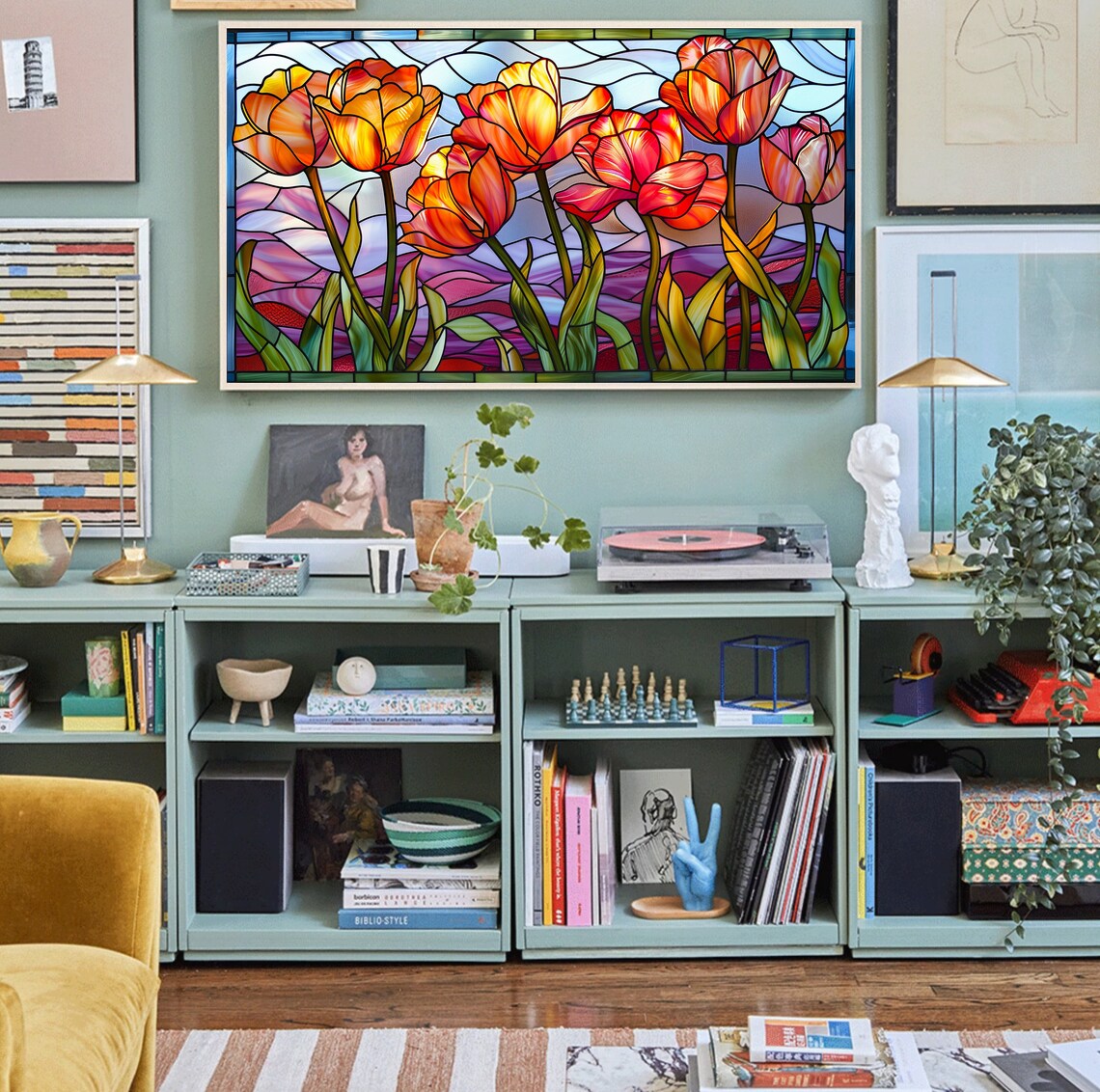 Colorful Tulip Stained Glass Orange Red Spring Floral Mosaic Art Poster - Image 3