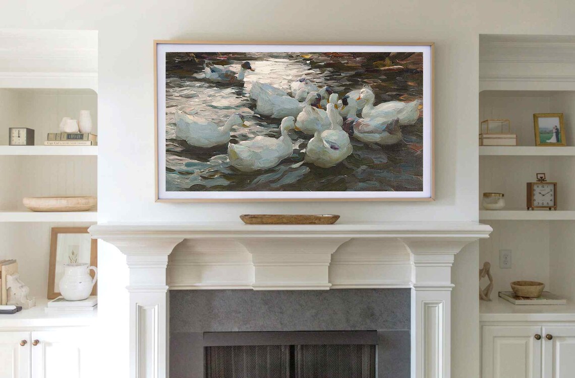 White Ducks On Shimmering Pond Vintage Oil Painting Moody Poster - Image 3
