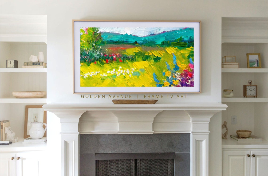 Bright Impressionist Wildflower Meadow Teal Hills Textured Poster - Image 3