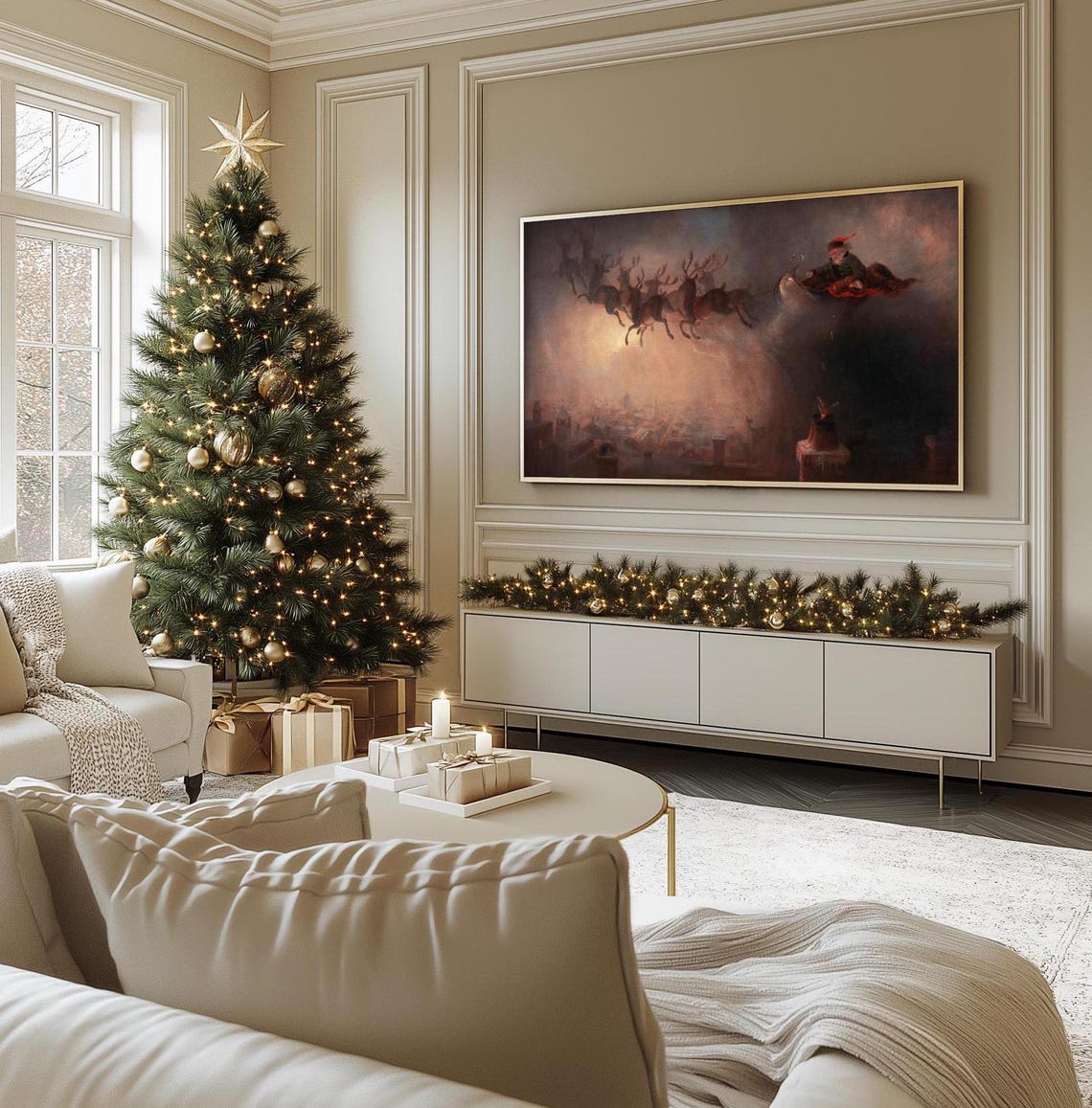 Santa's Sleigh Reindeer Flying Over Snowy Rooftops Night Poster - Image 2