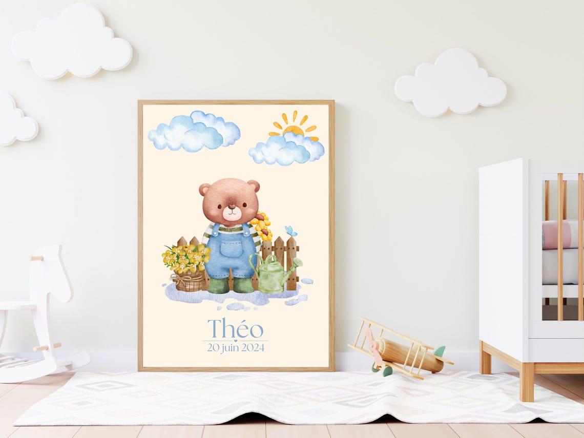 Personalized Gardener Bear Watercolor Baby Birth Keepsake Poster - Image 2