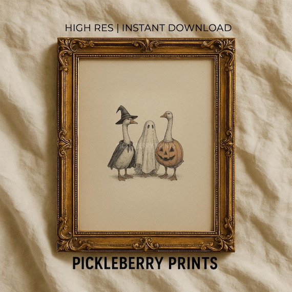 Vintage Halloween Geese Print Cute Witch Pumpkin Sketch Fall Wall Art Rustic Farmhouse Kitchen Nursery Decor