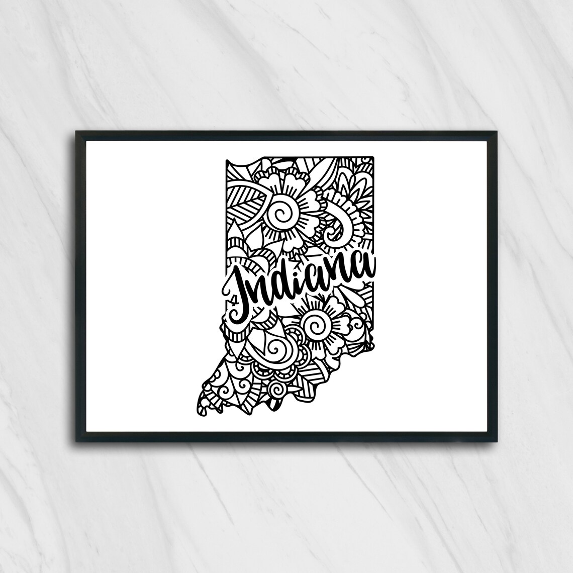 Indiana Floral Mandala State Outline Map Black White Home Decor Poster - Image 2