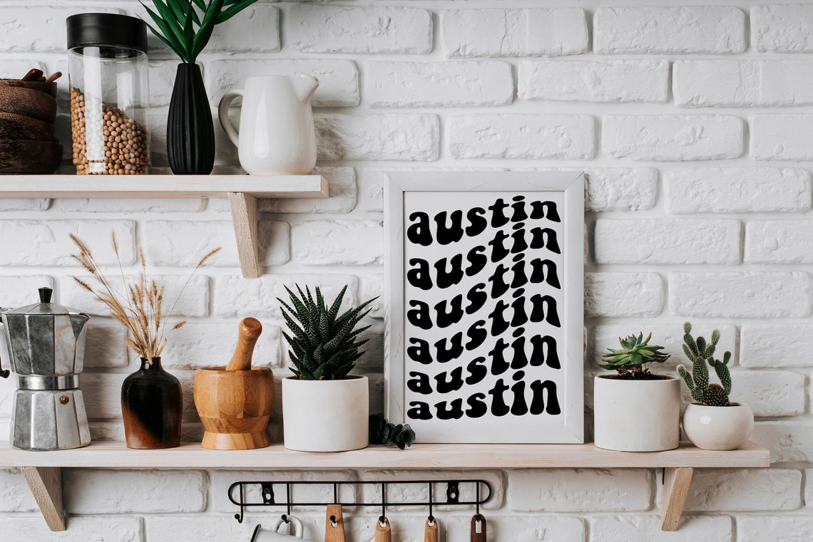 Austin Texas Retro Groovy Wavy Letters Black White Typography Wall Art - Image 2
